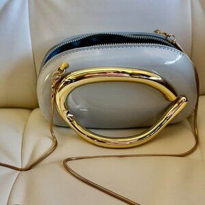 Neiman Marcus Blue Leather Acrylic Clutch Bag with Sculptural Gold Handle